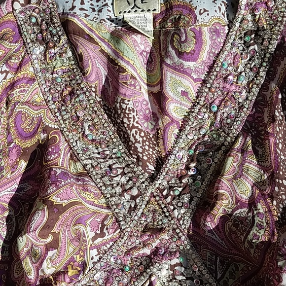 Silk Glamorous Pinkish Brown Paisley Swirl Beaded IXE BLOUSE TOP Long Sleeve - Picture 1 of 8